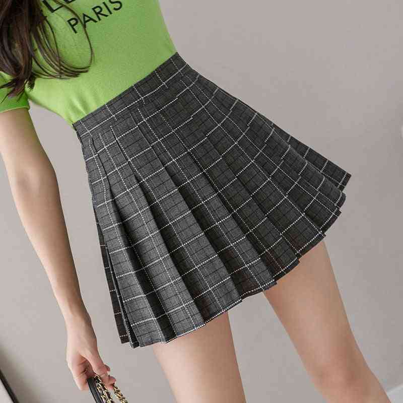 Women Short Pleated Plaid Korean Slim Fit High Waist Style Skirts
