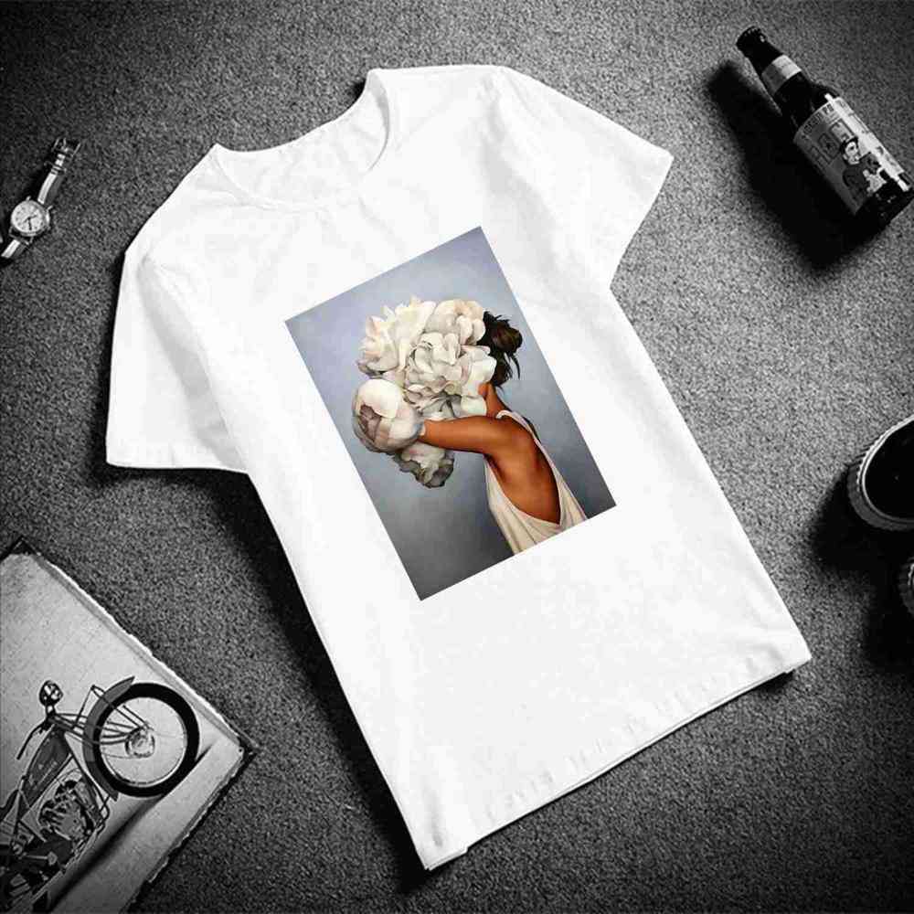памучна харадзюку естетика цветя перо с принт тениска с къс ръкав