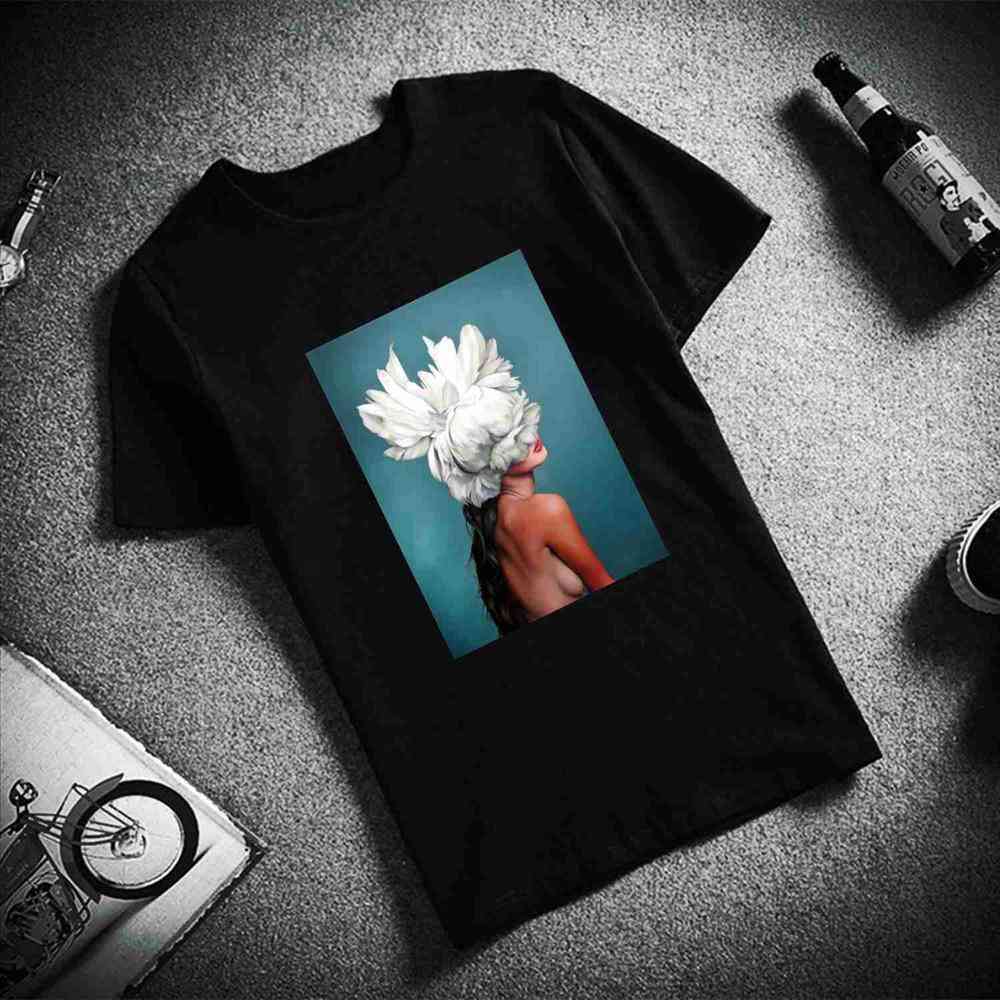 Bavlna harajuku estetika květiny peří tisk tričko s krátkým rukávem