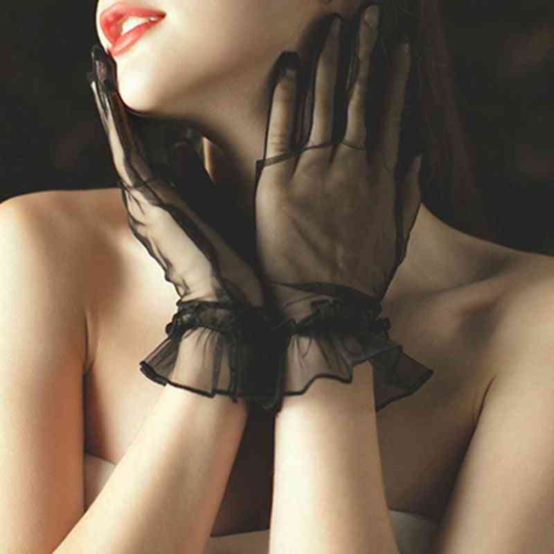 Vrouwen korte tule handschoenen, stretchy kant nylon lotusblad sheers vingerhandschoen