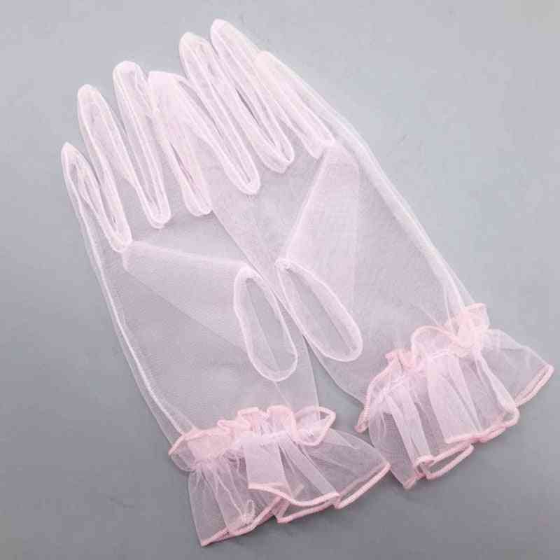 Vrouwen korte tule handschoenen, stretchy kant nylon lotusblad sheers vingerhandschoen