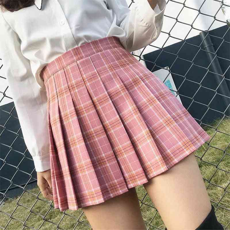 Summer Women Skirt, High Waist Stitching Student Pleated Skirts