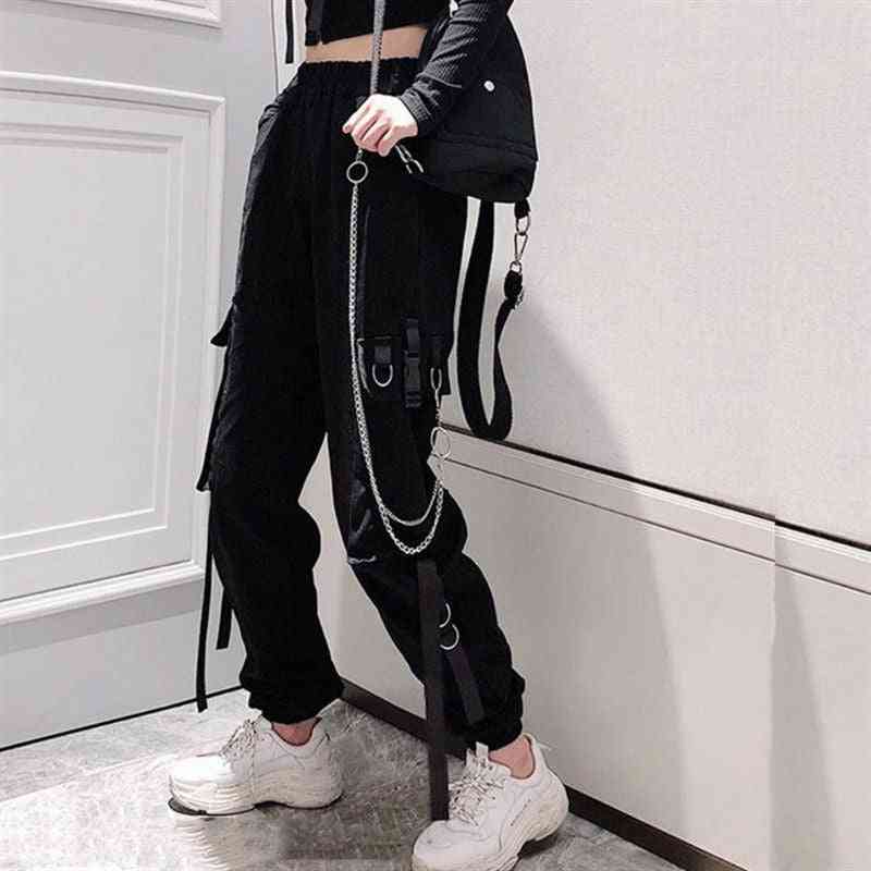 ženske teretne hlače, džepne trake za trčanje s elastičnim strukom visoke ulične hlače