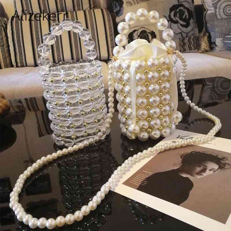 Luxusná veľká perleťová kabelka, elegantná dámska ručne robená číra korálková večerná spojka