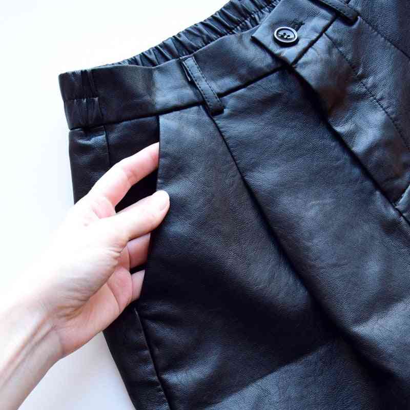 Autumn/winter- Leather Bermuda Elastic Waist, Loose Five-points, Trouser Shorts