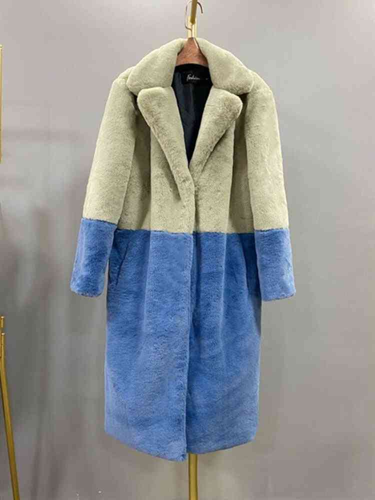 Gruby i ciepły, długi płaszcz ze sztucznego futra królika;