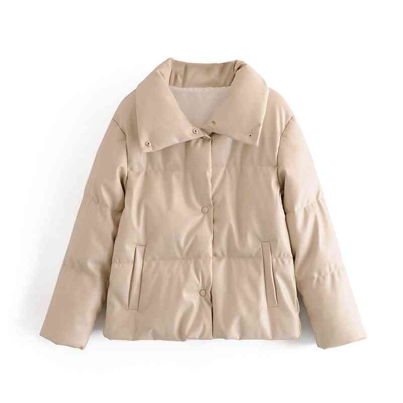 Women Brown Fur Faux Leather Jacket Coat Oversized Buttons Winter Overcoat