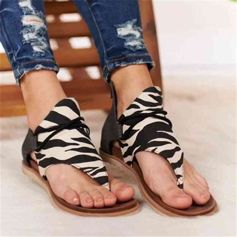 Women Leopard Print, Summer Sandals, Cross Strap Flat With Casual Zipper
