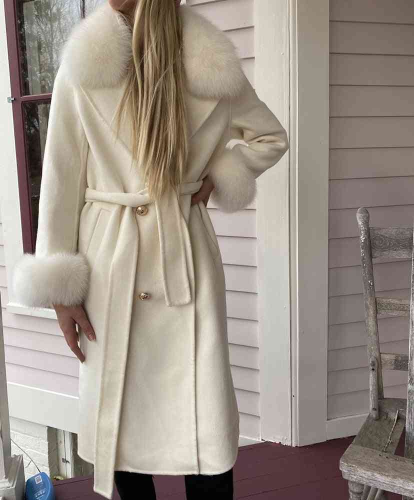 Coat Winter Jacket, Women Natural Fox Fur Collar, Cashmere Wool Blends Long Outerwear, Ladies Streetwear