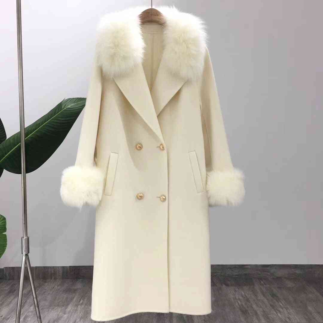 Kaput zimska jakna, ženski ovratnik od prirodnog lisičjeg krzna, mješavina kašmirske vune duga gornja odjeća, ženska ulična odjeća