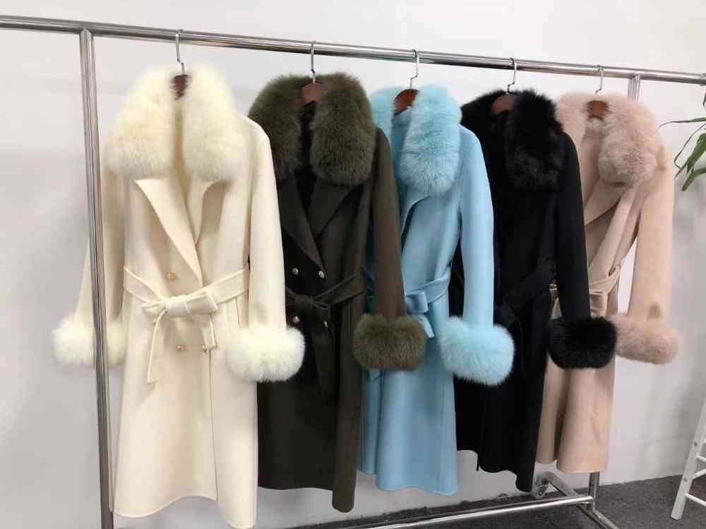 Plašč zimska jakna, ženski ovratnik iz krznenega krzna, kašmir volna meša dolga vrhnja oblačila, ženske ulična oblačila