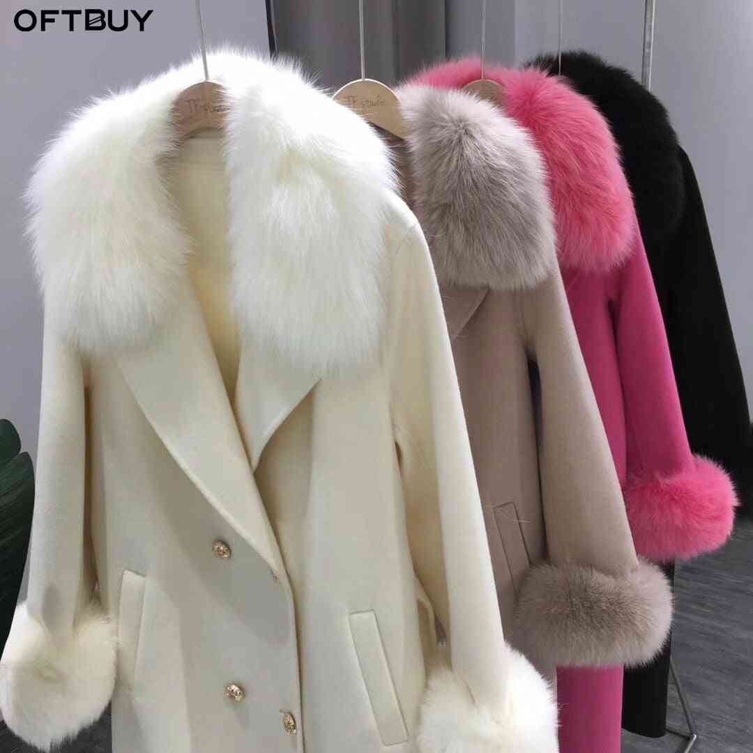 Kabát zimní bunda, dámský límcový kožich, límeček z kašmírové vlny, dlouhé svrchní oblečení, dámské streetwear