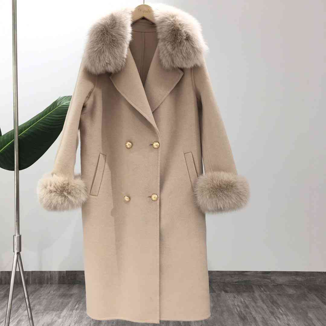Kabát téli kabát, női természetes róka szőrme gallér, kasmír gyapjú keverékek hosszú felsőruházat, női utcai ruházat
