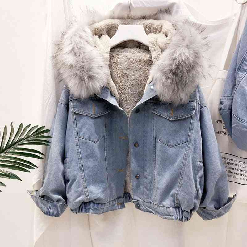 Velvet Thick Denim Jacket, Female Winter Big Faux Fur Collar Denim Short Coat