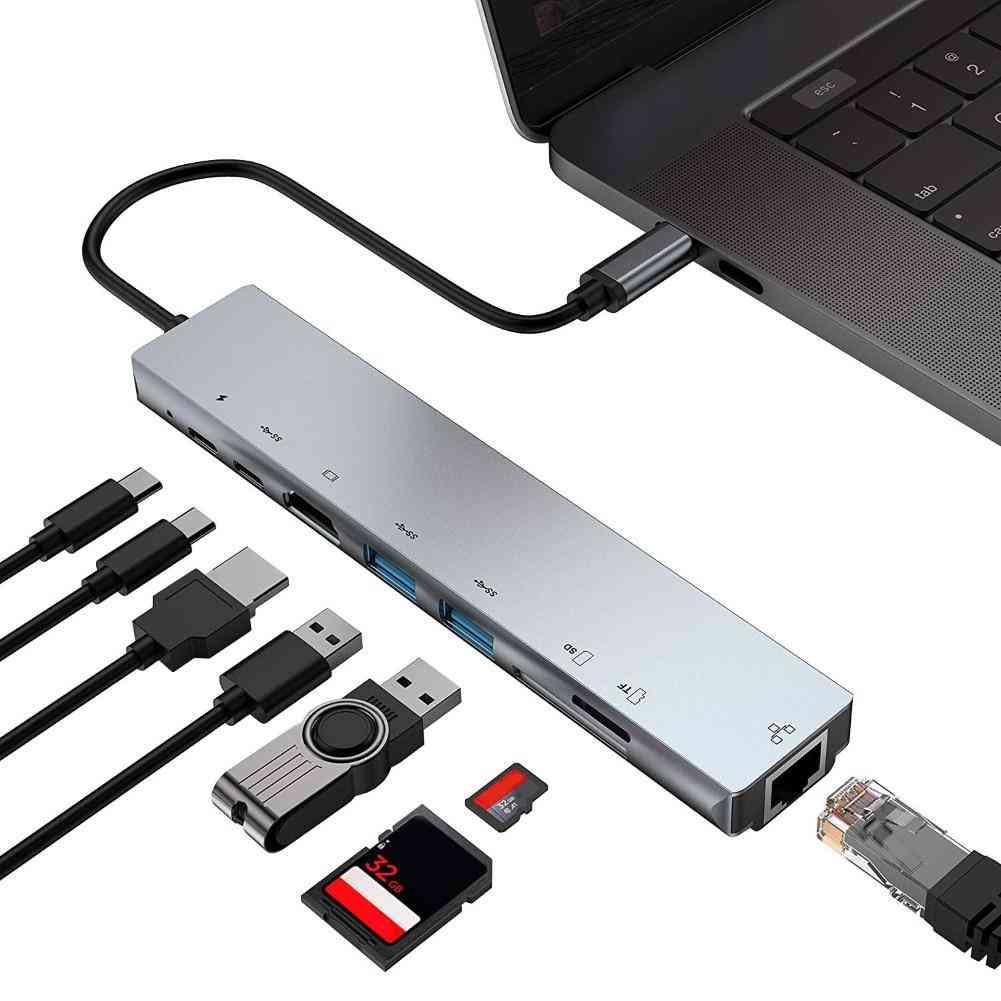 8 In 1 Type-c To 4k Rj45 Docking Station Usb 3.0 Tf Pd Charger Hub Adapter