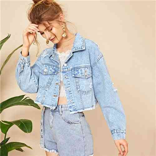 Casual Ripped Frayed, Edge Crop, Single Breasted, Denim Jeans, Short Jacket