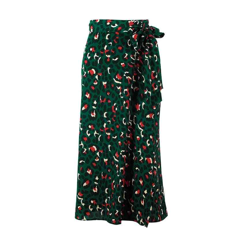 Summer- Leopard Print, Long High Waist, Bow Tie, Split Wrap Skirt