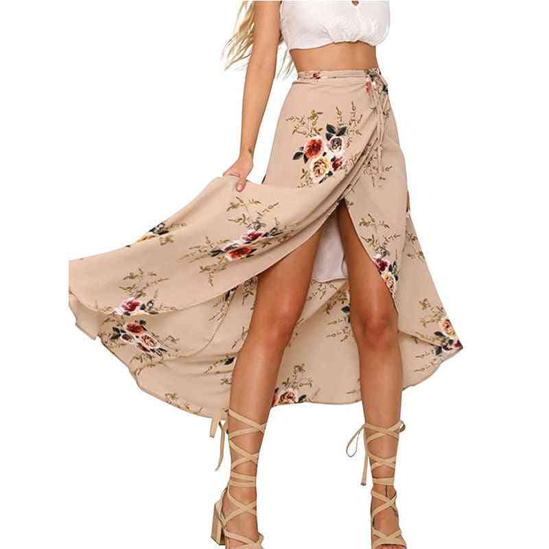Summer Casual- Floral Long Maxi, Pleated Stretch, Floor-length Skirt