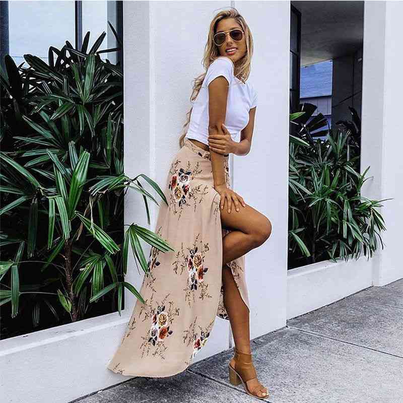 Summer Casual- Floral Long Maxi, Pleated Stretch, Floor-length Skirt