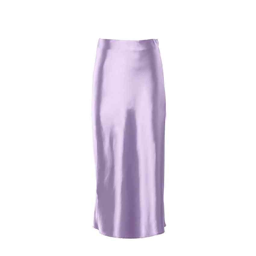 Solid Satin Silk Skirt, High Waisted Summer Long Office Skirts