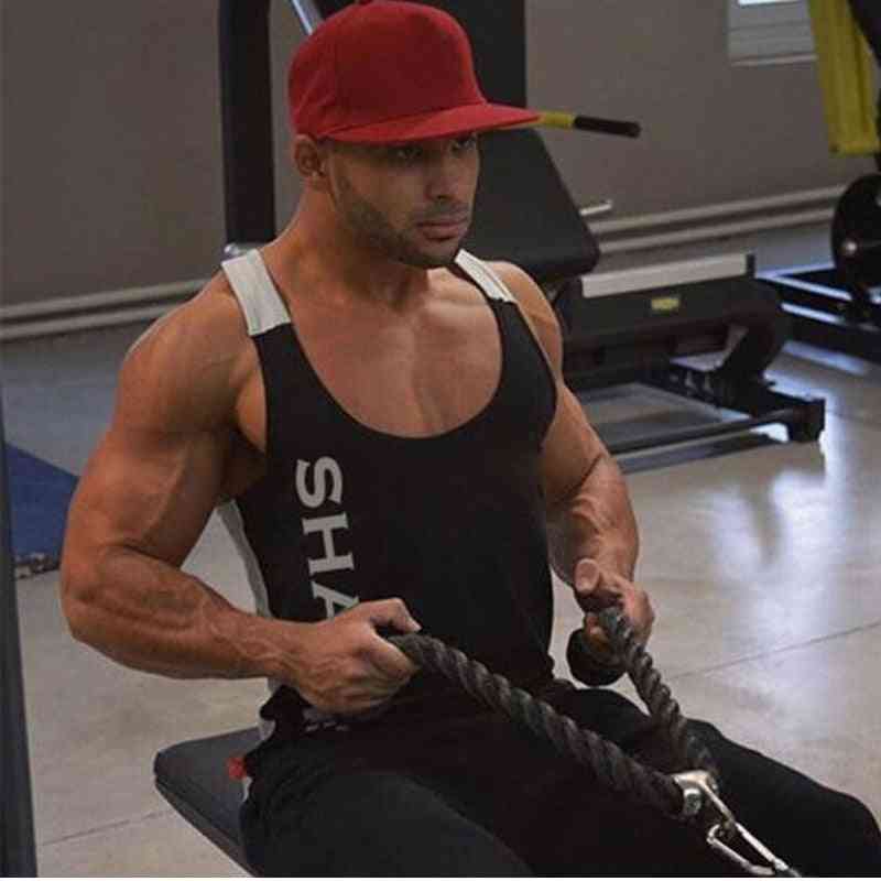 Män gym fitness tee shirt, stringer bodybuilding singlets muskel väst t-shirt