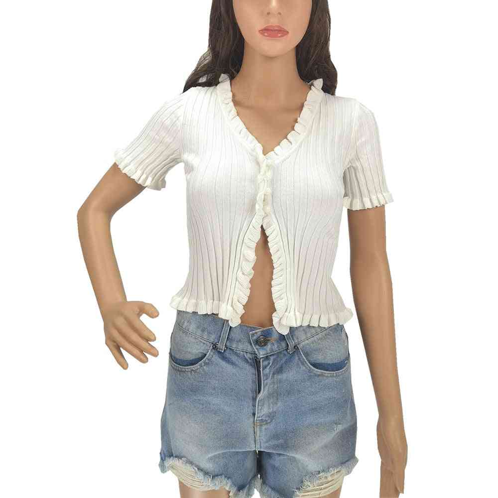 Knitted Shirts Women, V-neck Single Breasted Elasticity Crop Cardigan Sweaters / Tops