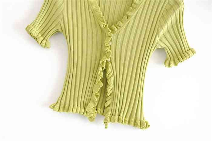 Camisas de punto para mujer, suéteres / tops de rebeca con cuello en v de un solo pecho con elasticidad