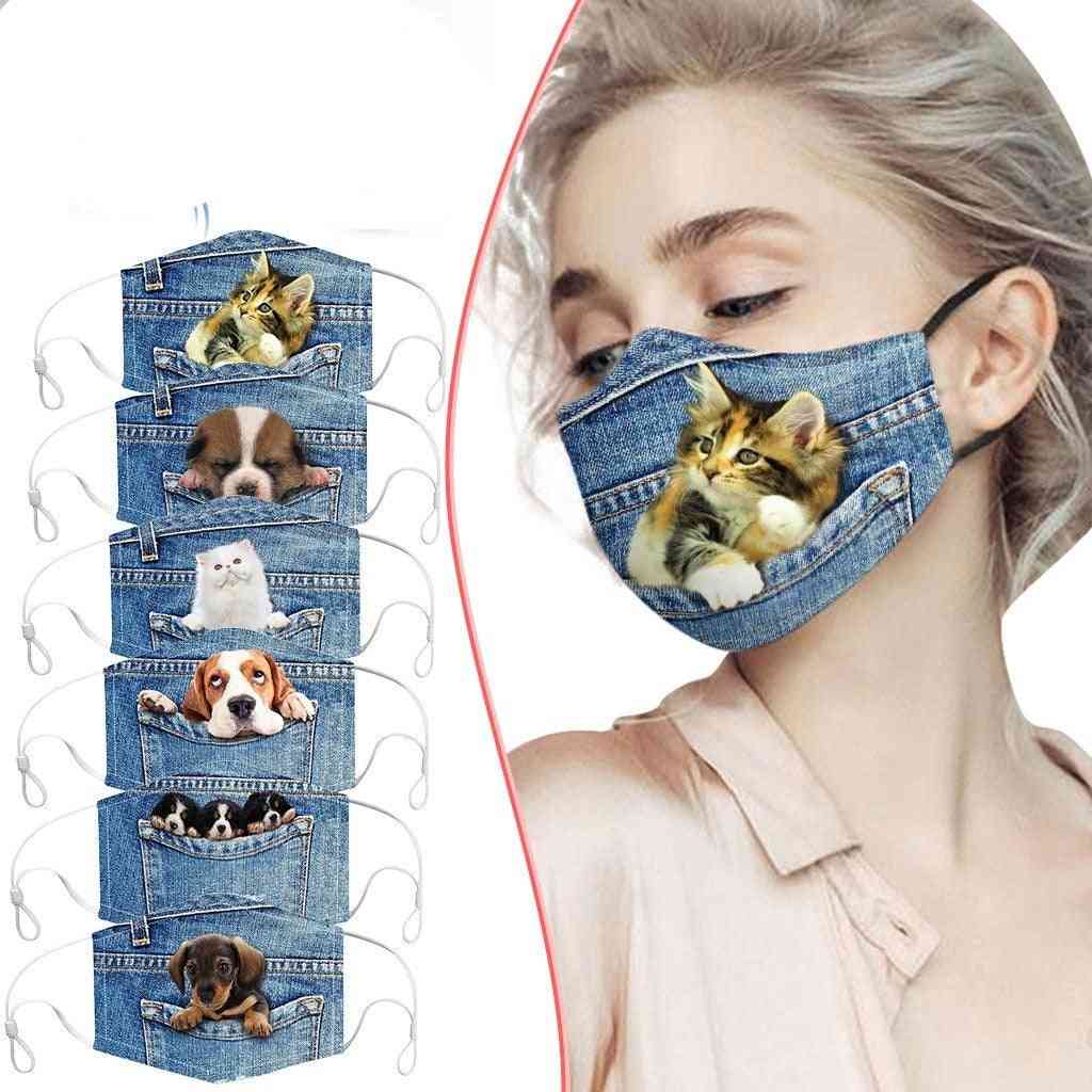 6-colors Print Mouth, Denim Cat & Dog Themed, Face Masks