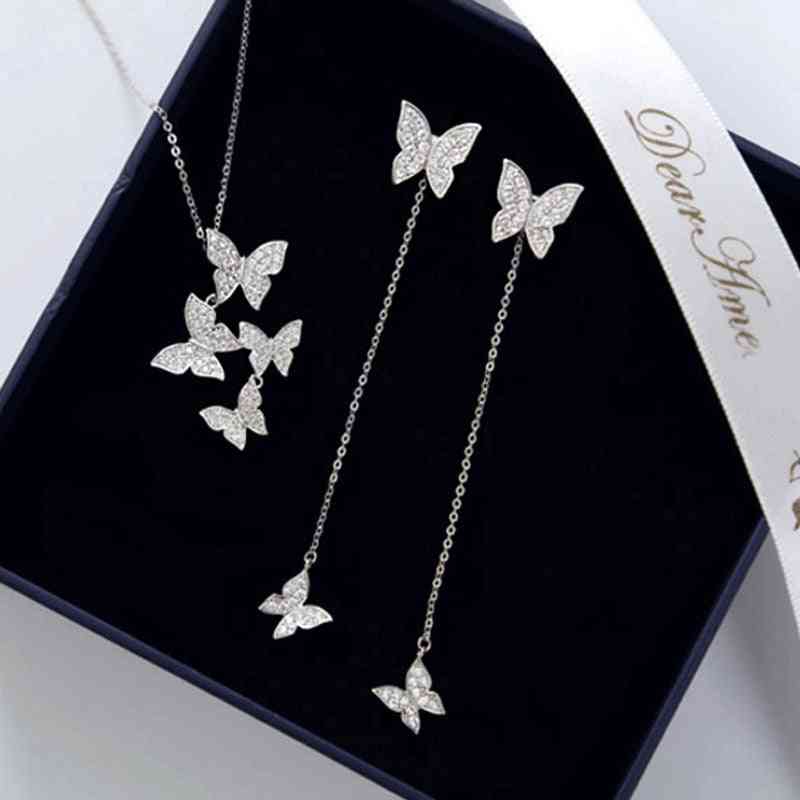 Charming Dazzling Sterling Silver Zircon Butterfly Necklaces With Earring