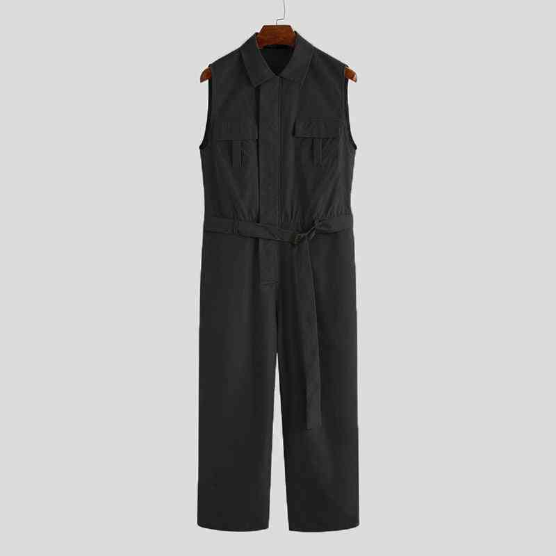 Casual Cargo, Lapel Sleeveless Pants With Belt Pockets Rompers, Jumpsuit