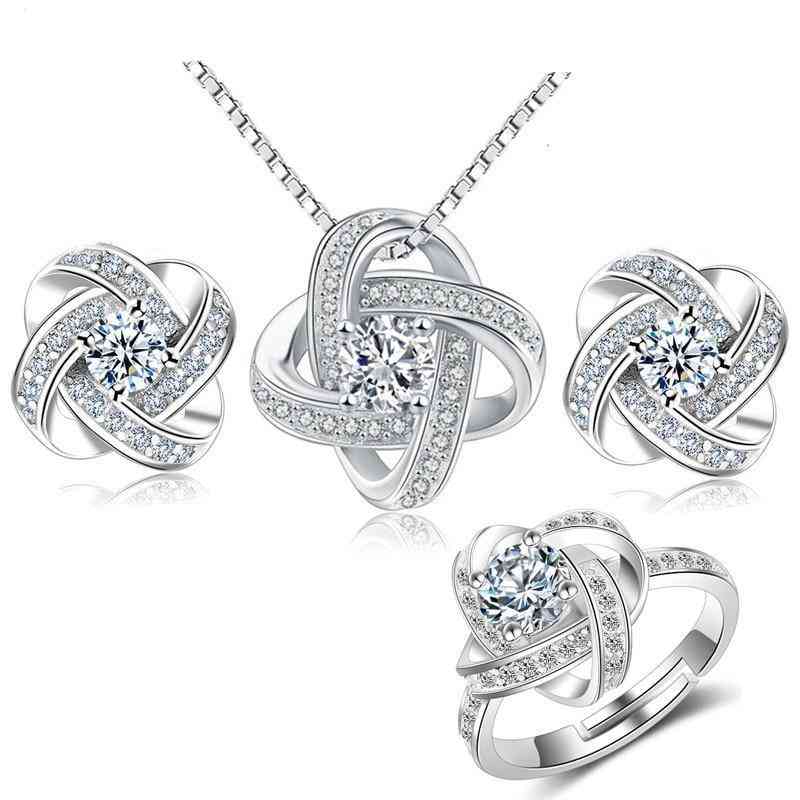 Silver Crystal Cross Clover Flower Bridal Jewelry Sets
