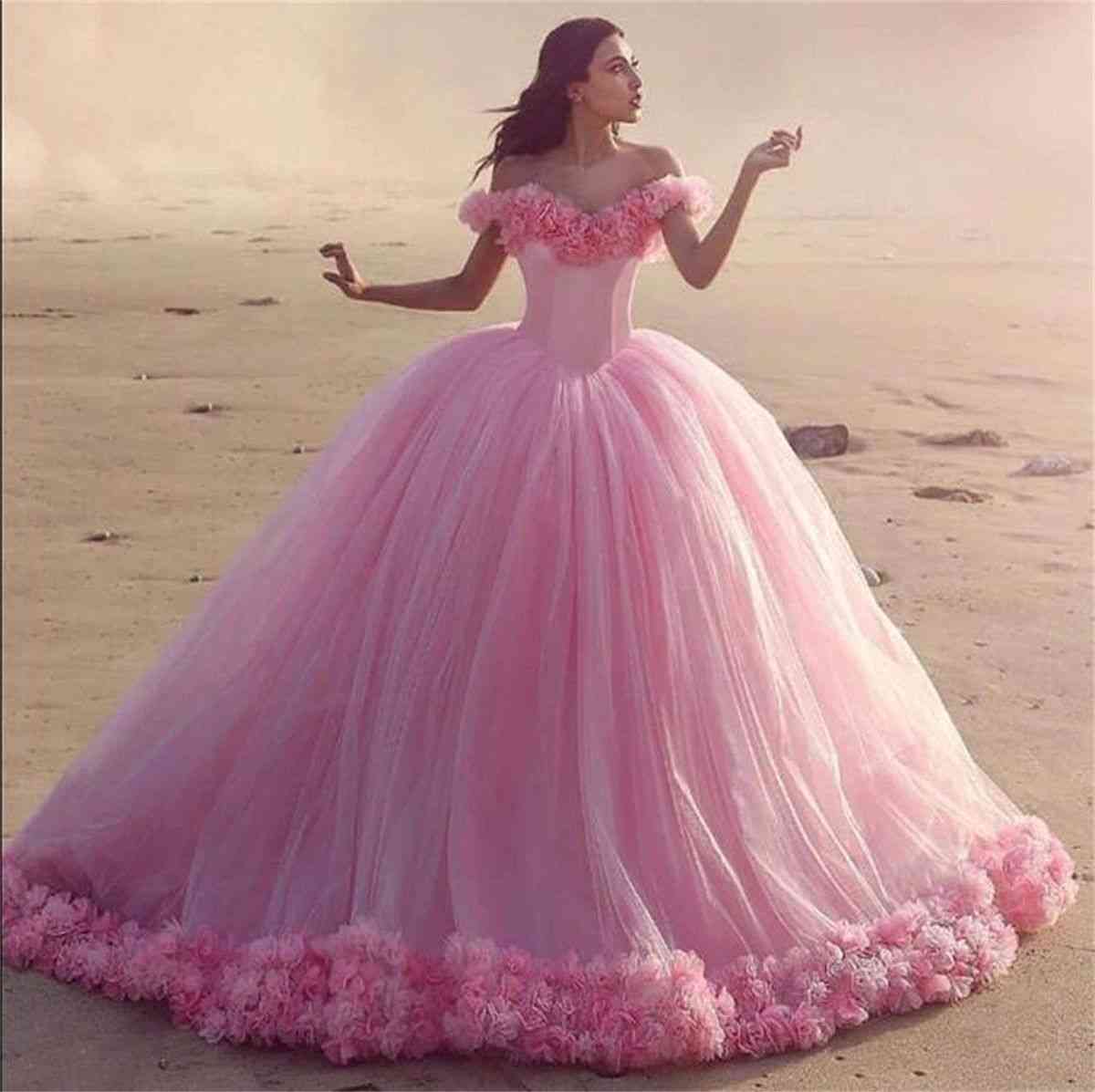 Quinceanera plesové šaty, 3d květiny princezna korzet tyl jiskří sladké šaty