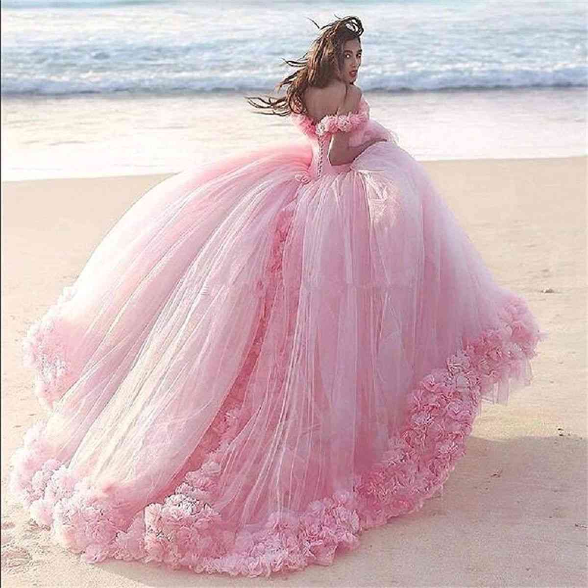 Quinceanera бална рокля, 3d цветя принцеса корсет тюл искри сладка рокля