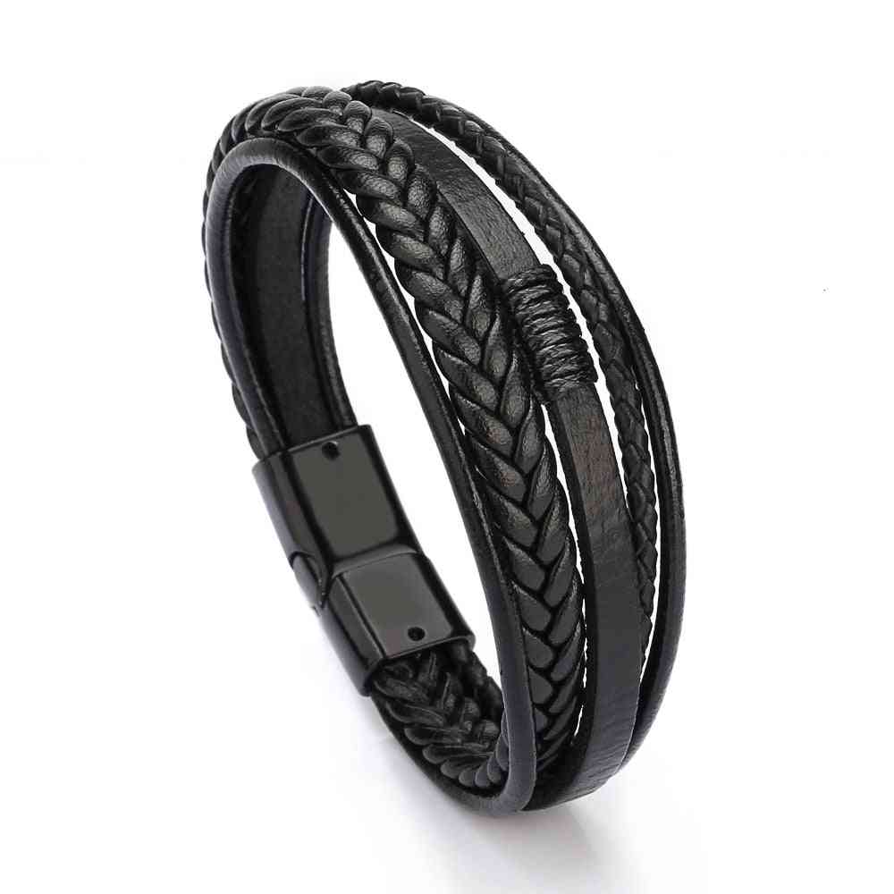 Men Multilayer Leather Bangles, Magnetic-clasp Cowhide Braided Multi Layer Wrap Trendy Bracelet