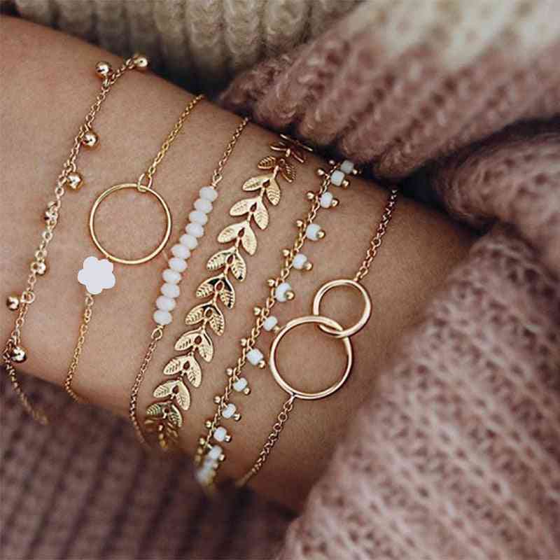 Chaîne de main de perles de feuilles géométriques, bracelets de gland d'or pour des femmes