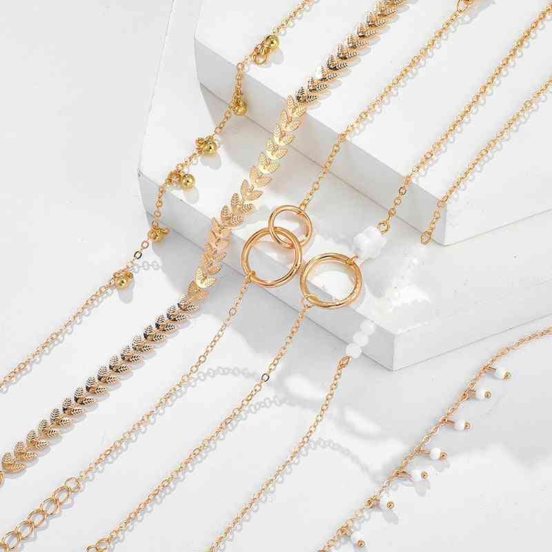 Geometric Leaves Beads Hand Chain, Gold Tassel Bracelets For Women