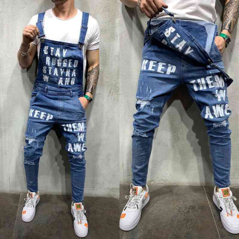 Men Jeans Fashion Denim Pencil Pants, Ripped Bib, Jumpsuit Suspender Overalls