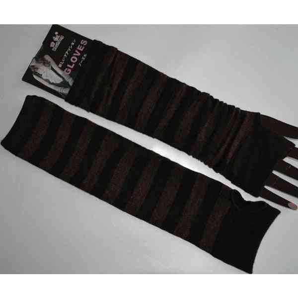 Long Fingerless, Striped Elbow, Warmer Knit Gloves