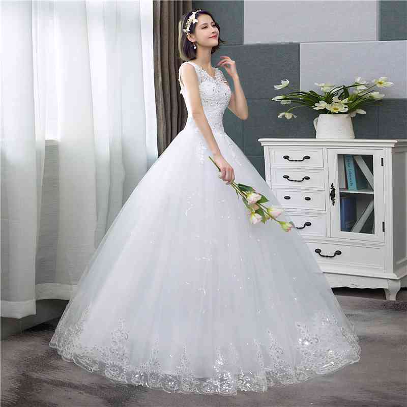 V-neck, Off White Sequined Wedding Gown Dress