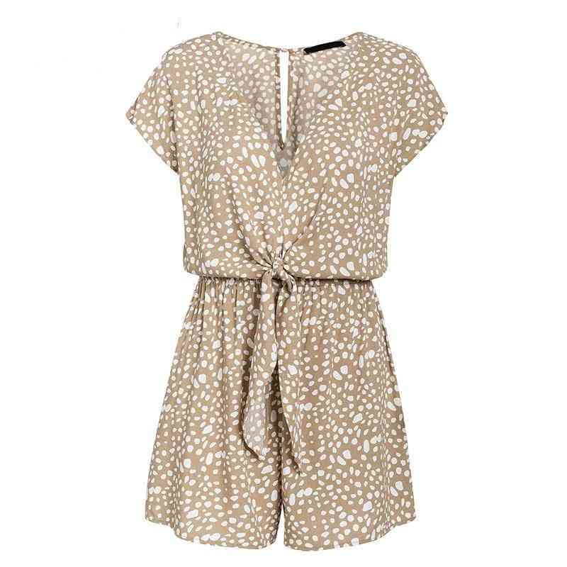 Casual Style, Sleeveless Loose, V-neck Leopard Print, Short Rompers, Playsuits