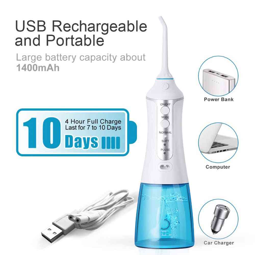 3-modus oral irrigator, vannflosser, USB oppladbar med vannstråle med 5 dyser