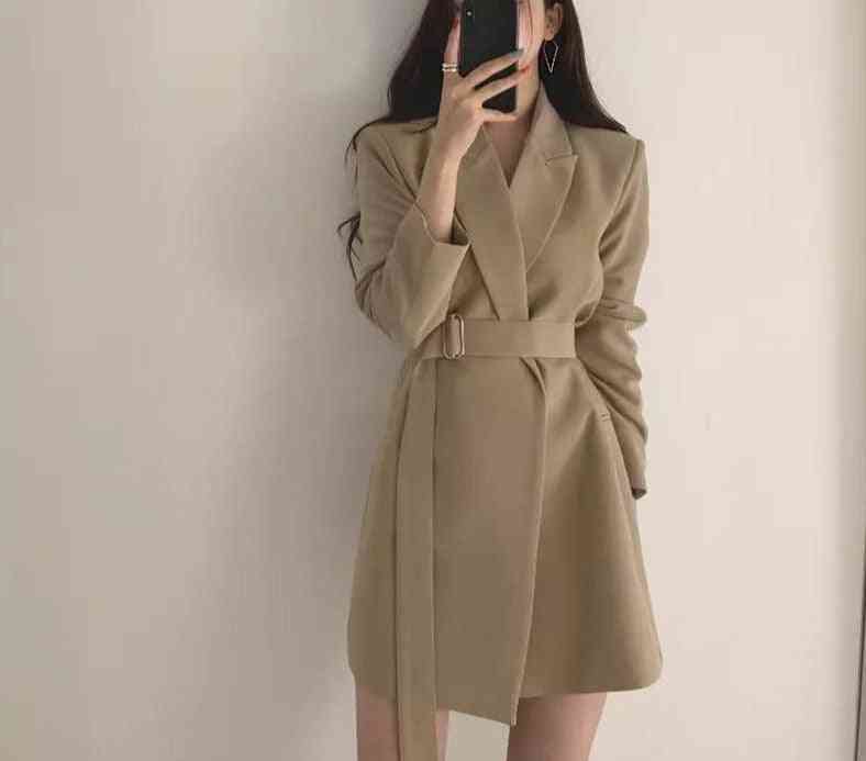 Women's Long Blazers Jacket With Belt, Notched Outerwear
