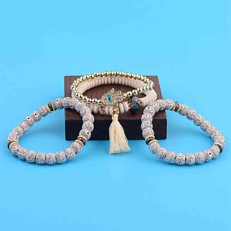 Conjunto de pulseiras femininas, contas de pedra natural cz à mão, pendentes de borla