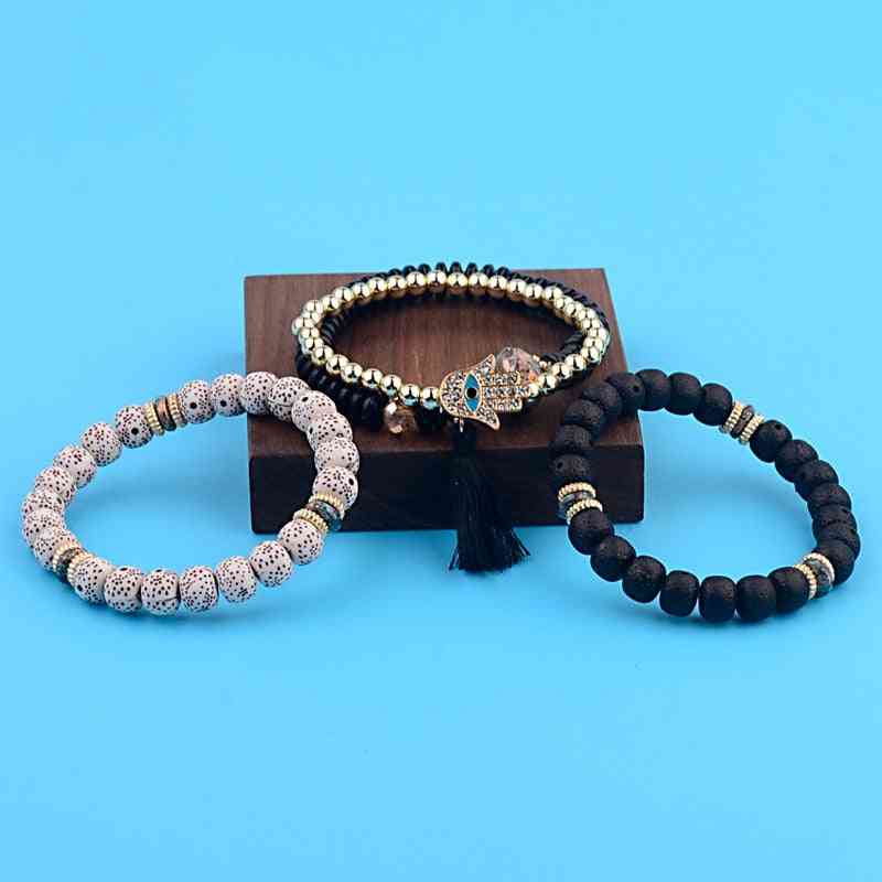 Women Bracelets Set, Charm Cz Hand Natural Stone Beads, Tassel Pendents