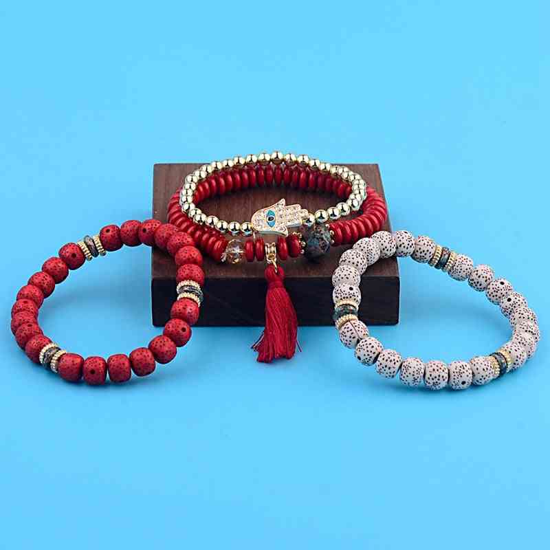 Women Bracelets Set, Charm Cz Hand Natural Stone Beads, Tassel Pendents