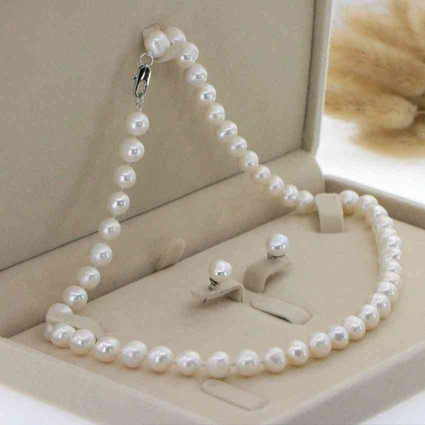 White Akoya Pearl Necklace, Earring Wedding Jewelry Sets