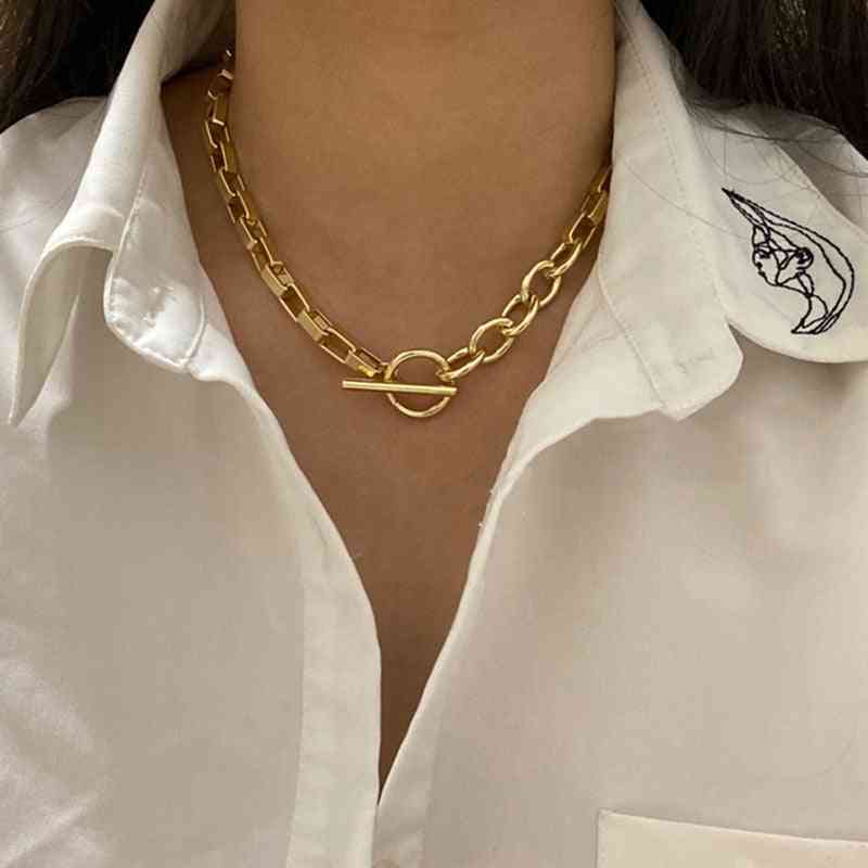 Toggle Clasp Gold Necklaces, Mixed Linked Circle, Minimalist Choker Jewelry