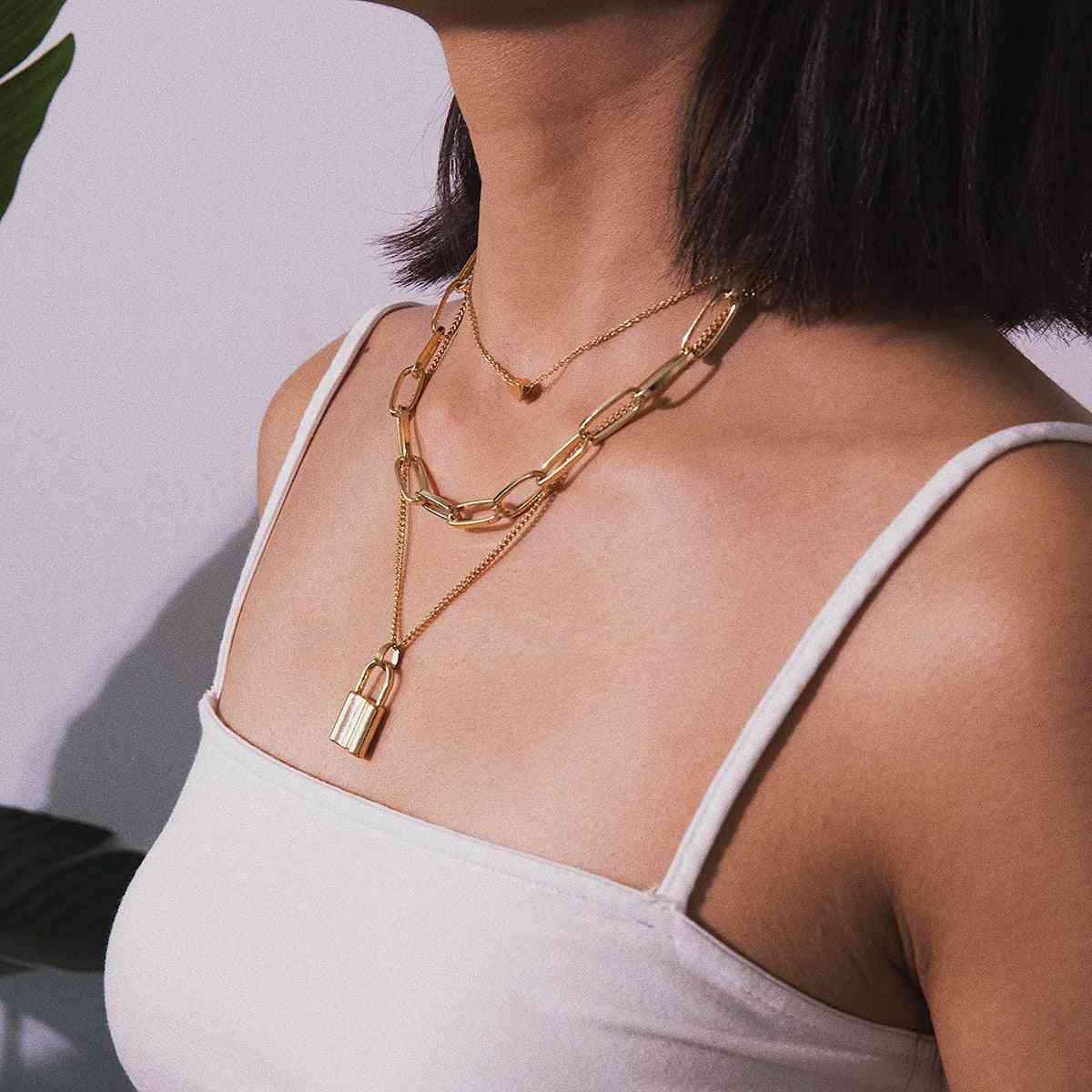 Multi Layer Lover Lock Pendant, Choker Necklace, Padlock Heart Chain Collier Best Couple Jewelry