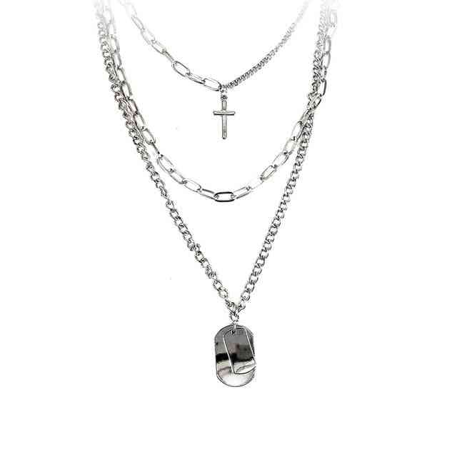 Collier chaîne en argent avec pendentif croix en métal multicouche de personnalité hip hop