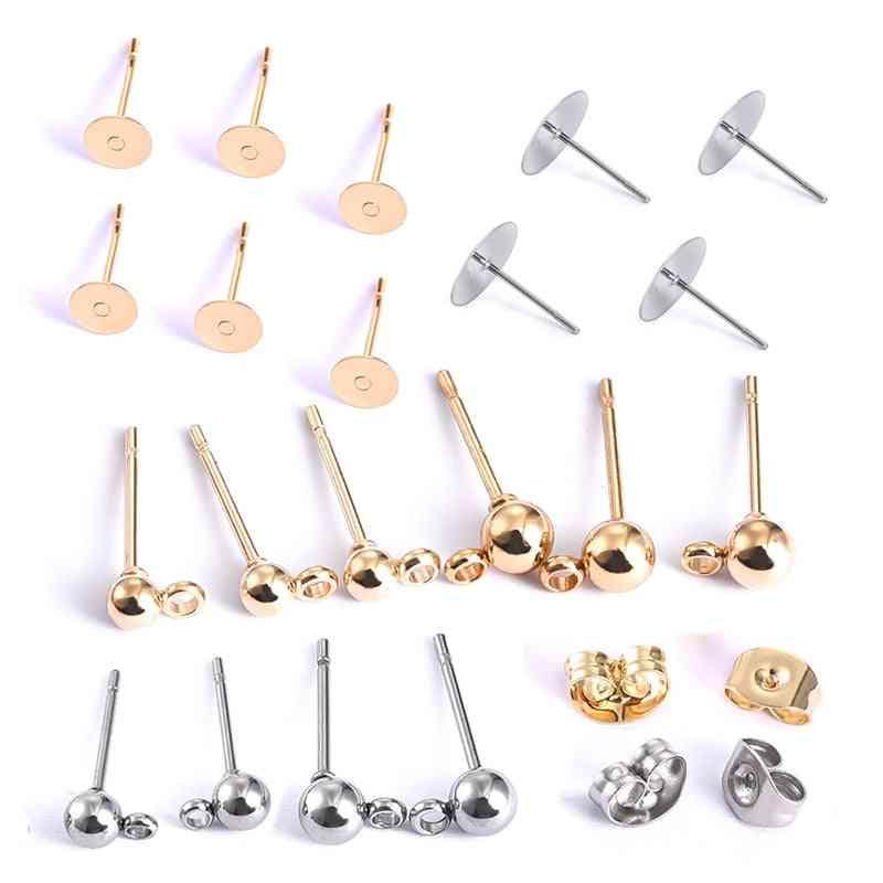Stainless Steel- Gold Stud, Back Plug Ear Pins, Ball Needle